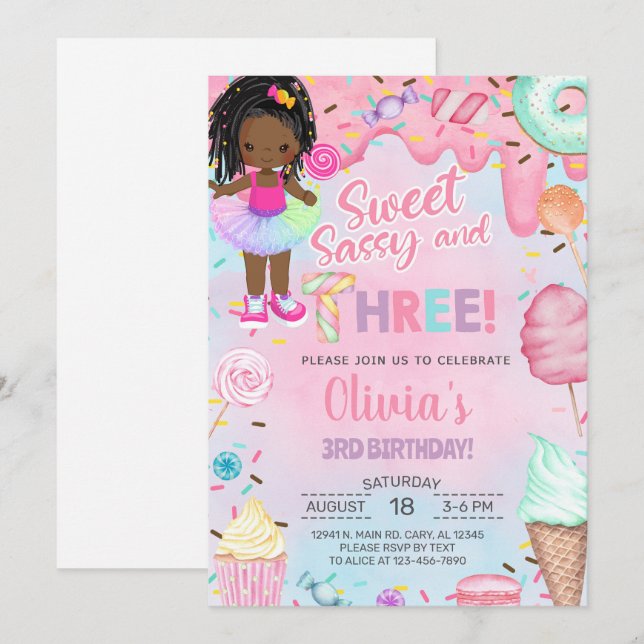 Sweet sassy and three girl 3rd birthday invitation inbjudningar (Fram/baksida)