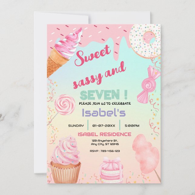 Sweet Sassy och Seven Candy Birthday Inbjudningar (Framsida)