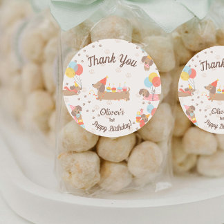 Sweet Sausage Puppy Birthday Party Thank You Runt Klistermärke