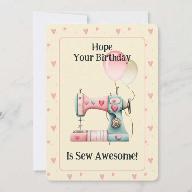 Sweet Sewing Machine Hearts Birthday Card Tack Kort (Framsida)