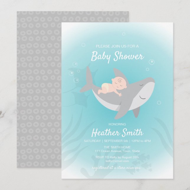 Sweet Shark Baby Shower Inbjudningar (Fram/baksida)
