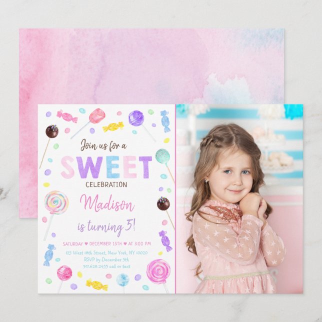 Sweet Shop Lollipop Candy Birthday Inbjudningar (Fram/baksida)