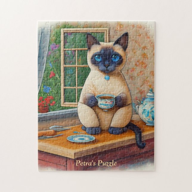 Sweet Siamese Cat and Tea Cup Puzzle Pussel (Vertikal)