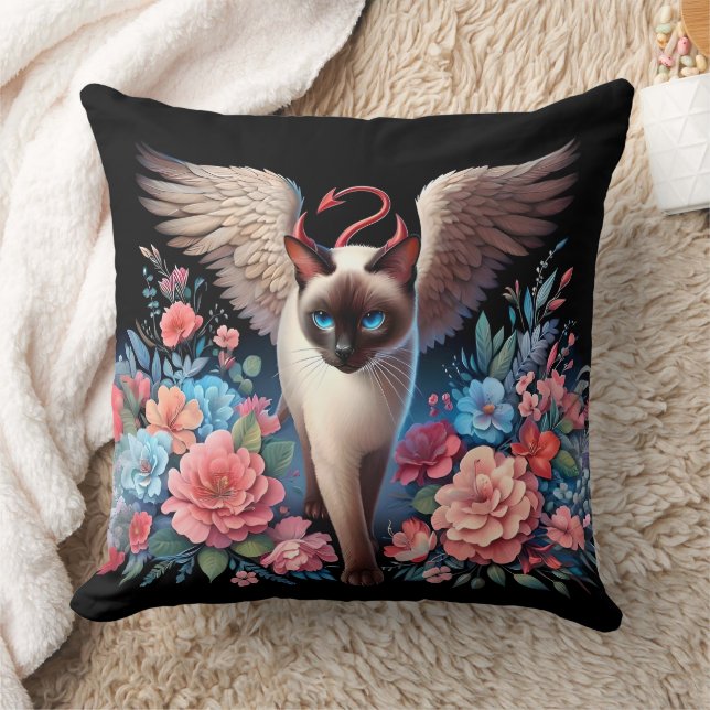 Sweet Siamese Demon och Angel Cat Kudde (Filt)
