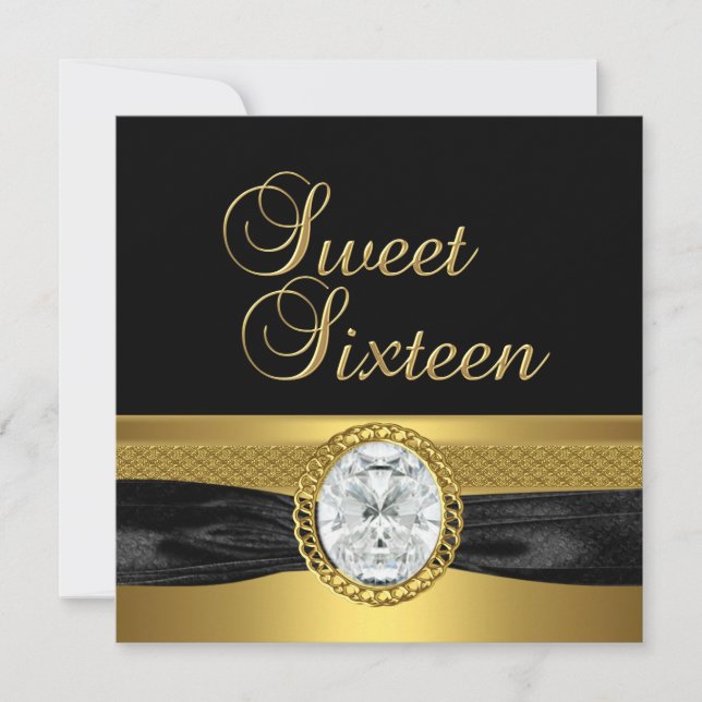 Sweet sixteen 16 Birthday Diamond Silver Guld Inbjudningar (Framsida)