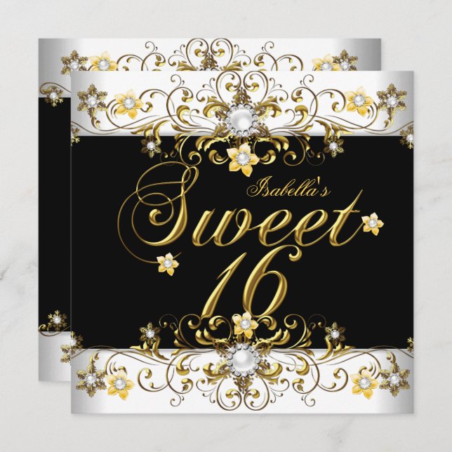 Sweet sixteen 16 Birthday Guld Black Diamond Inbjudningar (Fram/baksida)