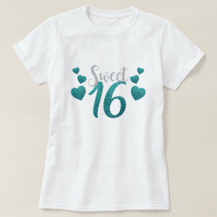 Sweet sixteen 16 Birthday Teal Blue Faux Glitter T Shirt