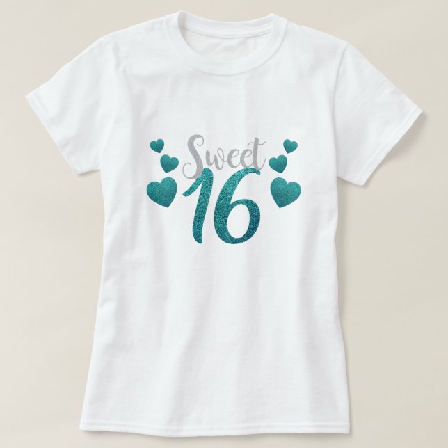 Sweet sixteen 16 Birthday Teal Blue Faux Glitter T Shirt (Design framsida)
