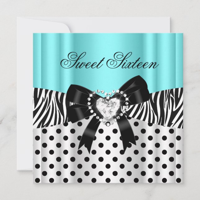 Sweet sixteen 16 Birthday Teal Zebra Polka dots 2 Inbjudningar (Framsida)