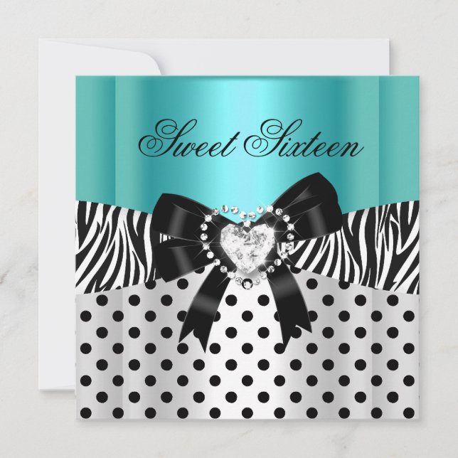 Sweet sixteen 16 Birthday Teal Zebra Polka dots Inbjudningar (Framsida)