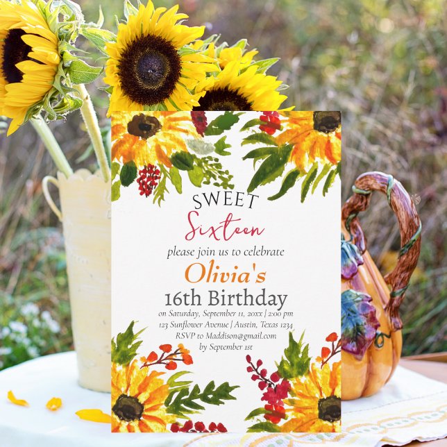 Sweet sixteen 16 Blommigt för blommor på födelseda Inbjudningar (Skapare uppladdad)
