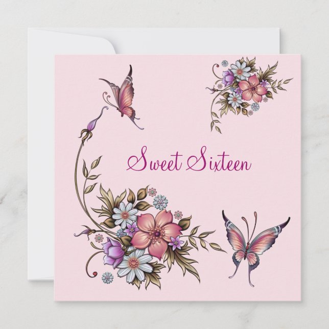 Sweet sixteen 16 Blommigt för Sötens Rosa på födel Inbjudningar (Framsida)