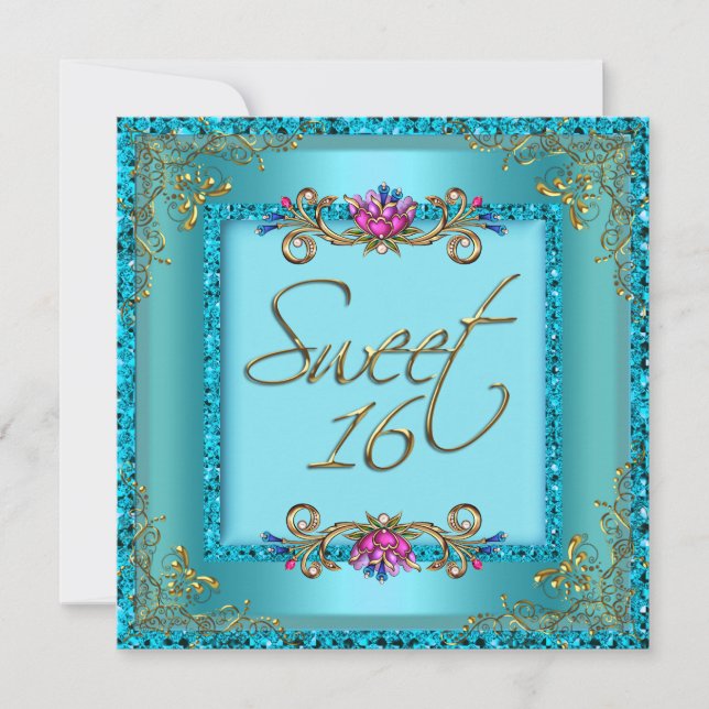 Sweet sixteen 16 Blommigten Teal Blue Guld Inbjudningar (Framsida)