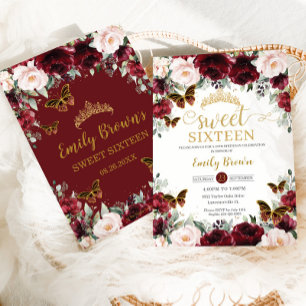 Sweet sixteen 16 Burgundisk Blommigt Butterflies Inbjudningar