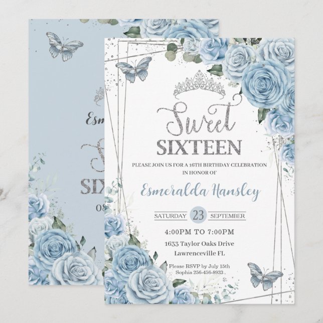 Sweet sixteen 16 Butterflies för Baby blue Blommig Inbjudningar (Fram/baksida)