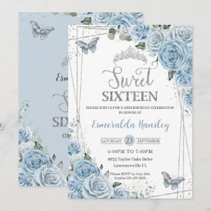 Sweet sixteen 16 Butterflies för Baby blue Blommig Inbjudningar