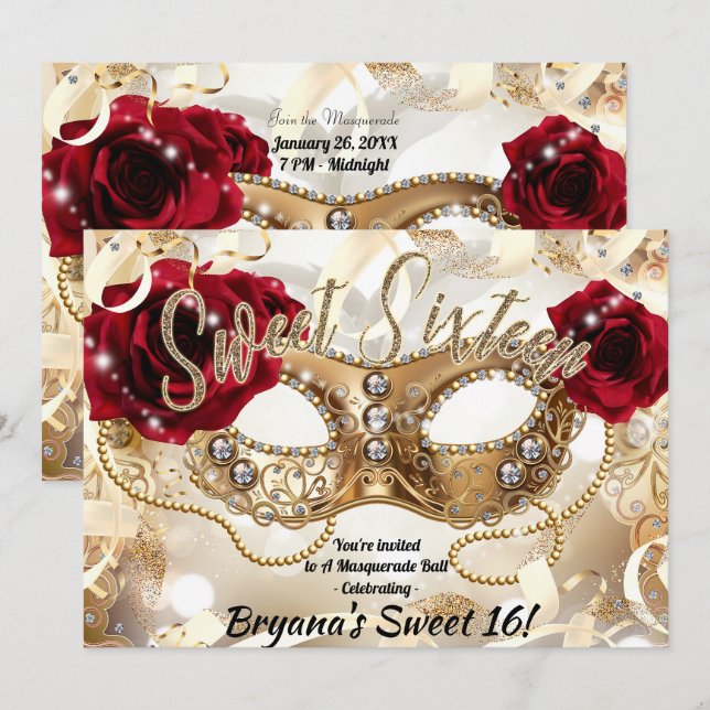 Sweet sixteen 16 Cream Guld Masquerad Boll Party Inbjudningar (Fram/baksida)