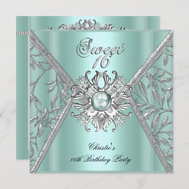 Sweet sixteen 16 Damask Mint Blue White Silver Inbjudningar (Fram/baksida)