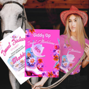 Sweet sixteen 16:e Blommigten Rosa födelsedag Inbjudningar