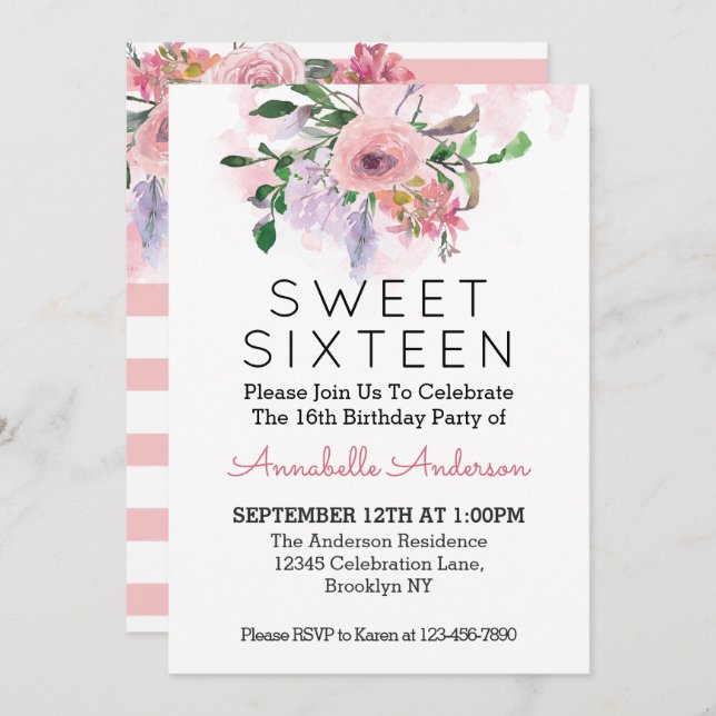 Sweet sixteen 16:e födelsedag Rosa Blommigt Vatten Inbjudningar (Fram/baksida)