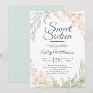 Sweet sixteen 16:e födelsedagsblått Rosa Blommigt Inbjudningar