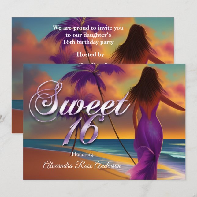 Sweet sixteen 16:e Lila flicka Beach Ocean guld Inbjudningar (Fram/baksida)