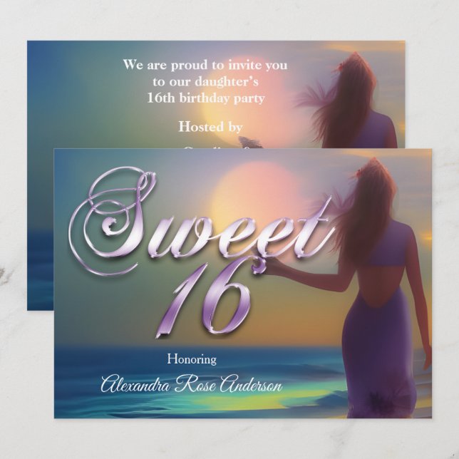 Sweet sixteen 16:e Lila flicka på Beach Ocean Blue Inbjudningar (Fram/baksida)