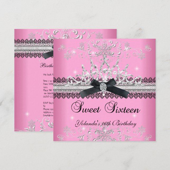 Sweet sixteen 16:e Rosa Glitter Tiara Black Bow Inbjudningar (Fram/baksida)