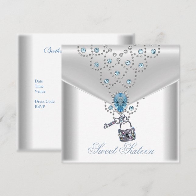 Sweet sixteen 16 Elegant Vita Silver-blå judel Inbjudningar (Fram/baksida)