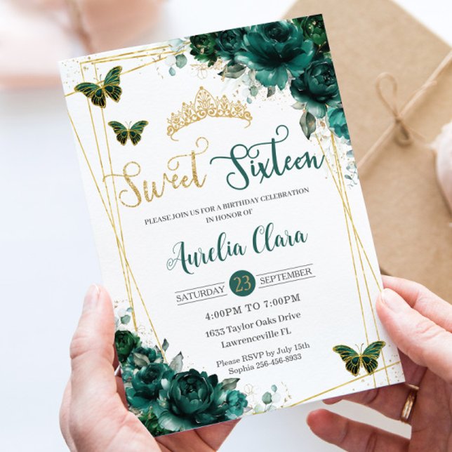 Sweet sixteen 16 Emerald Grönt Blommigt Butterflie Inbjudningar (Skapare uppladdad)