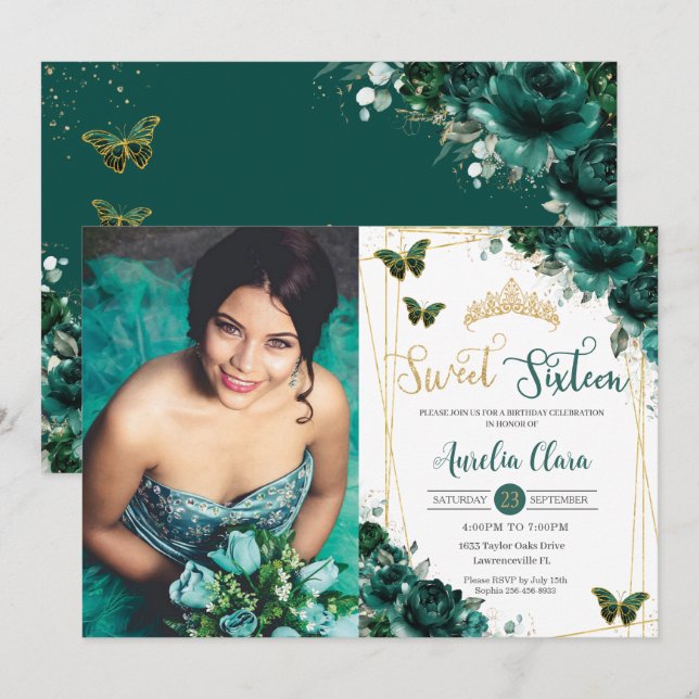 Sweet sixteen 16 Emerald Grönt Blommigt Butterflie Inbjudningar (Fram/baksida)