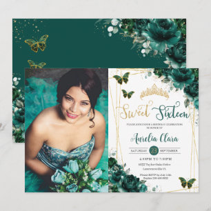 Sweet sixteen 16 Emerald Grönt Blommigt Butterflie Inbjudningar