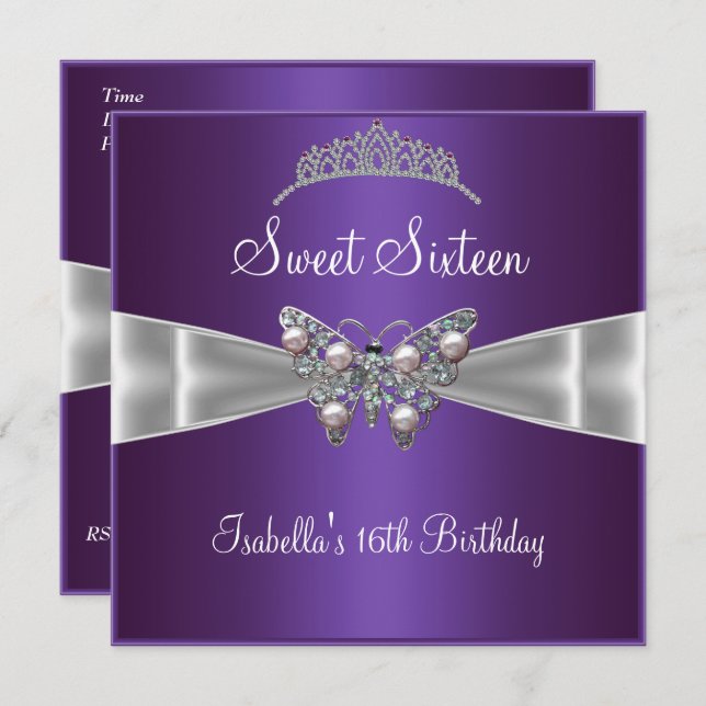 Sweet sixteen 16 Födelsedag Silver Bow Lila Tiara Inbjudningar (Fram/baksida)