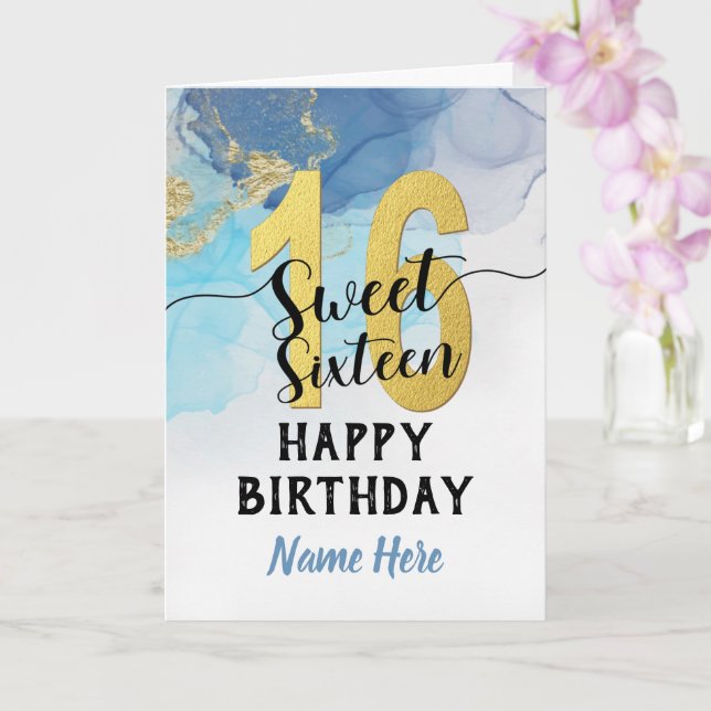 Sweet sixteen 16 Födelsedag Vattentfärg Blue & gul Kort (Orkide)