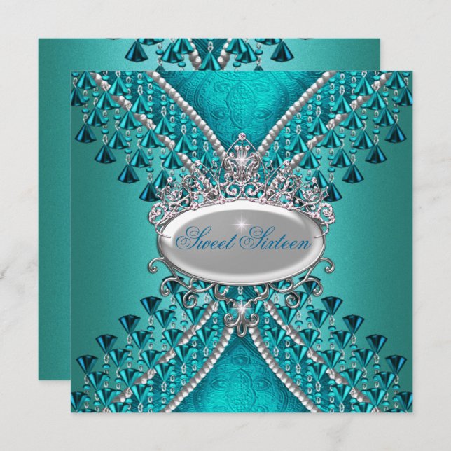 Sweet sixteen 16 Födelsedagsfest blått Pärlor Inbjudningar (Fram/baksida)