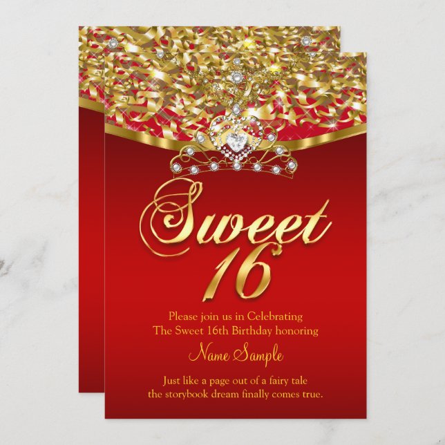 Sweet sixteen 16 Födelsedagsfest Glitter Röda Guld Inbjudningar (Fram/baksida)