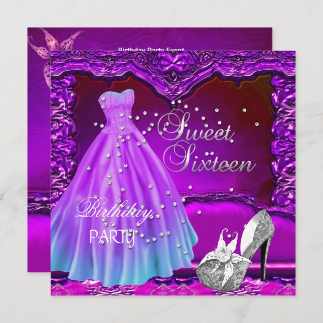 Sweet sixteen 16 Födelsedagsfest Lila Dress Gown Inbjudningar (Fram/baksida)
