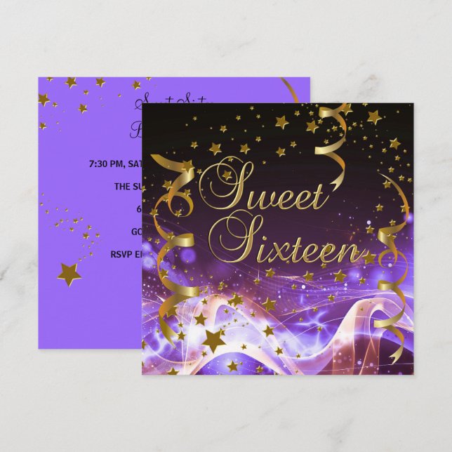 Sweet sixteen 16 Födelsedagsfest Lila Guld Stars Inbjudningar (Fram/baksida)