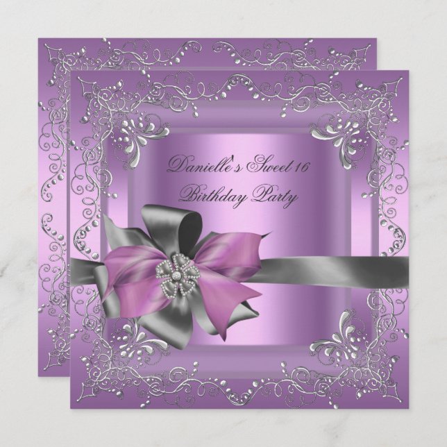 Sweet sixteen 16 Födelsedagsfest Lilac Rosa Silver Inbjudningar (Fram/baksida)