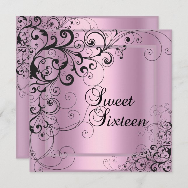 Sweet sixteen 16 Födelsedagsfest Rosa Black Blommi Inbjudningar (Fram/baksida)