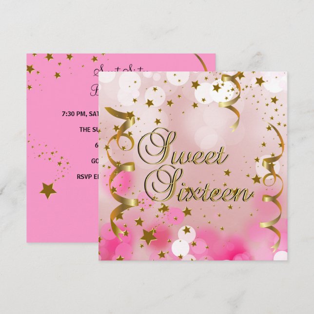 Sweet sixteen 16 Födelsedagsfest Rosa Guld Stars Inbjudningar (Fram/baksida)