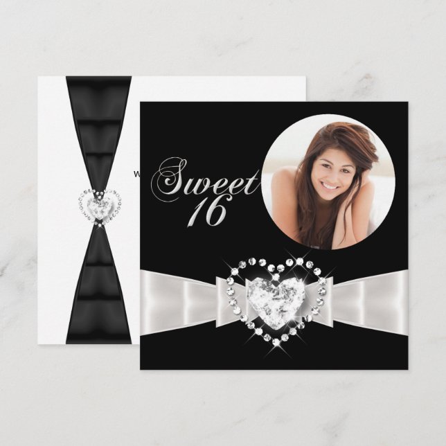 Sweet sixteen 16 Födelsedagsfester svart, vit Inbjudningar (Fram/baksida)