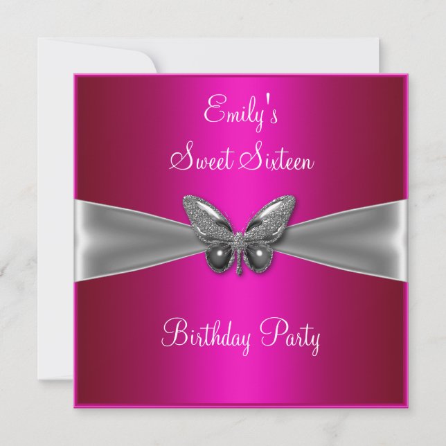 Sweet sixteen 16 Fuschia Silver Butterfly Jewel Inbjudningar (Framsida)