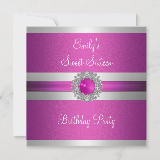 Sweet sixteen 16 Fuschia Silver Jewel Birthday 2 Inbjudningar (Framsida)