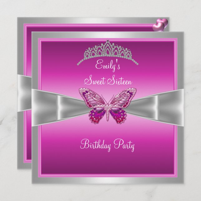 Sweet sixteen 16 Fushia Rosa Silver Tiara 2 Inbjudningar (Fram/baksida)