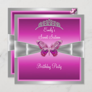 Sweet sixteen 16 Fushia Rosa Silver Tiara 2 Inbjudningar
