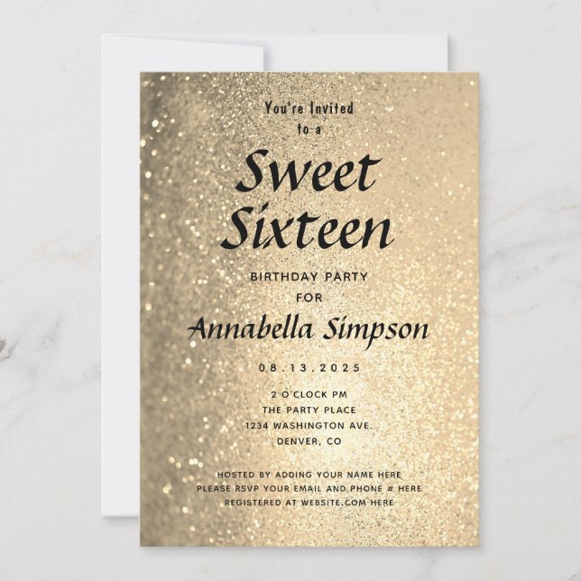 Sweet sixteen 16 Guld Glitter födelsedag Inbjudningar (Framsida)