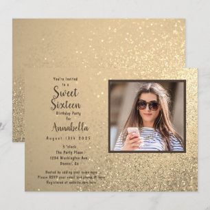 Sweet sixteen 16 Guld Glitter fotofödelsedag Inbjudningar