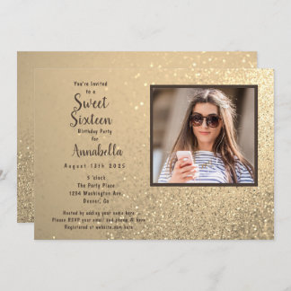 Sweet sixteen 16 Guld Glitter fotofödelsedag Inbjudningar