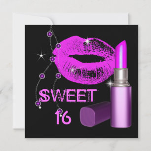 Sweet Sixteen 16 het rosa läppar svart läppstift Inbjudningar
